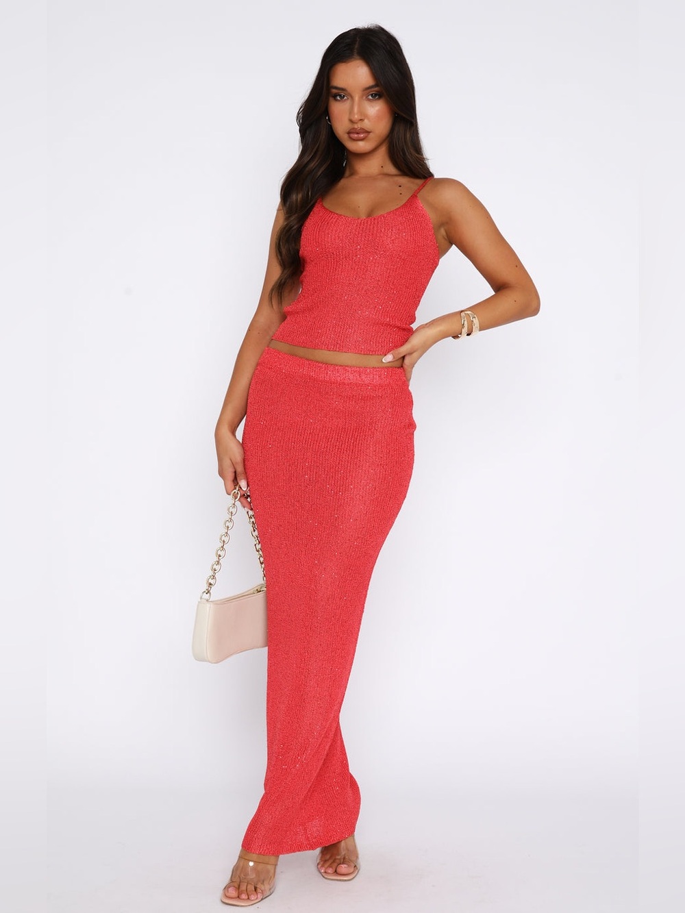 White Fox Boutique Star Shining Love Galore Sequin Knit Maxi Skirt Red Party Set